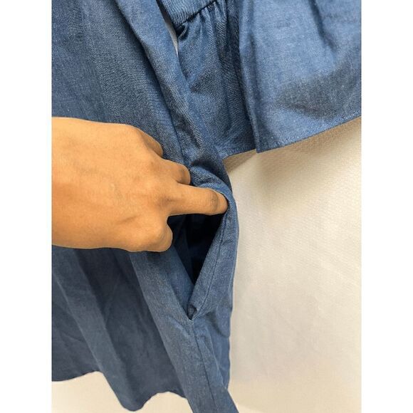 Tracy Negoshian Women's Chambray Blue Trapeze Elbow Puff Sleeve Dress with pocke - Picture 2 of 7